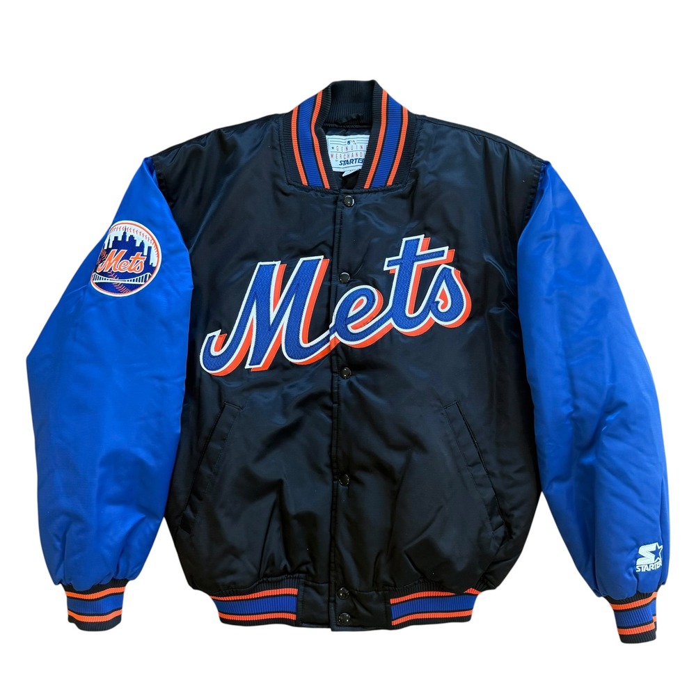 Vintage Starter MLB New York Mets Dugout Bomber Jacket Black Blue Mens Medium